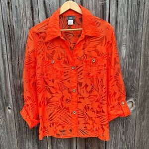 Lark Lane Orange Sheer cut out Pattern Button-Up Long Sleeve Shirt size 16